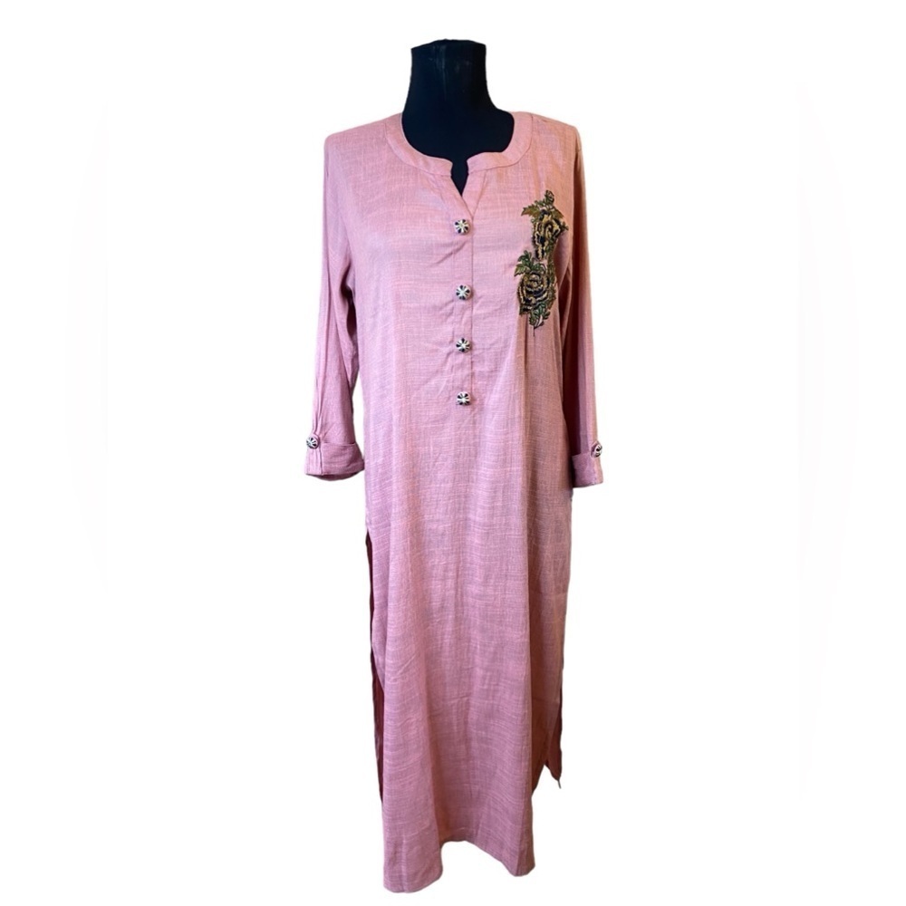 Anora Pale Pink Linen Kaftan With Embroidered Flowers